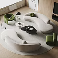 Modern Curved Sofa and Coffee Table Combination With Green Chairs Round Rug and Minimalist Interior
