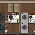 Modern Laundry Room With Two Black And White Washing Machines Wooden Cabinets And Marble Countertop