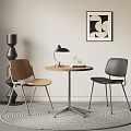 Modern Round Table And Two Chairs With Wooden Top Metal Frame In Living Room