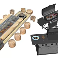 Outdoor Barbecue Setup With Grill Station Wooden Stools And Wood Logs