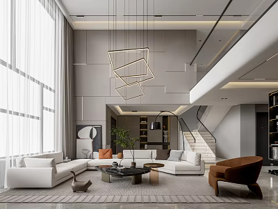 Modern Living Room Interior With Large Windows Geometric Pendant Lights White Sofas And Brown Armchair 3d model