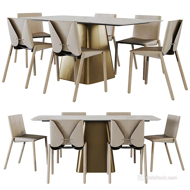 Modern Dining Table Set With Upholstered Chairs And Metal Frame Design 3d model 