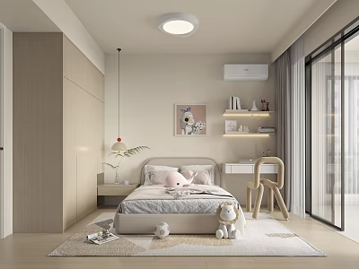 Modern Cozy Kids Room Interior With Bed Stuffed Unicorn Desk And Bookshelf 3d model