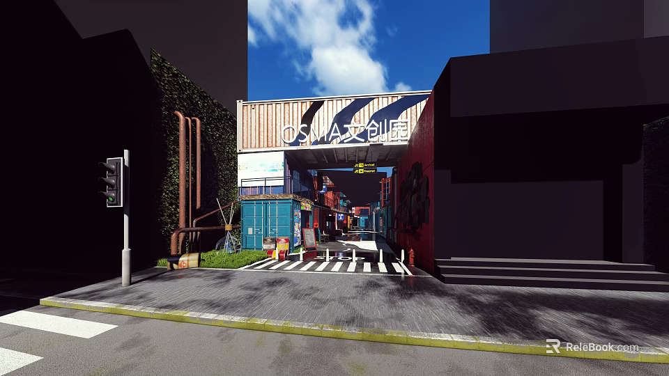 Urban Commercial Street With Container Buildings Graffiti Art Greenery And Pedestrian Zebra Crossing 3d model 