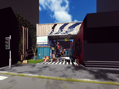 Urban Commercial Street With Container Buildings Graffiti Art Greenery And Pedestrian Zebra Crossing 3d model