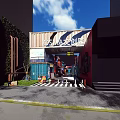 Urban Commercial Street With Container Buildings Graffiti Art Greenery And Pedestrian Zebra Crossing