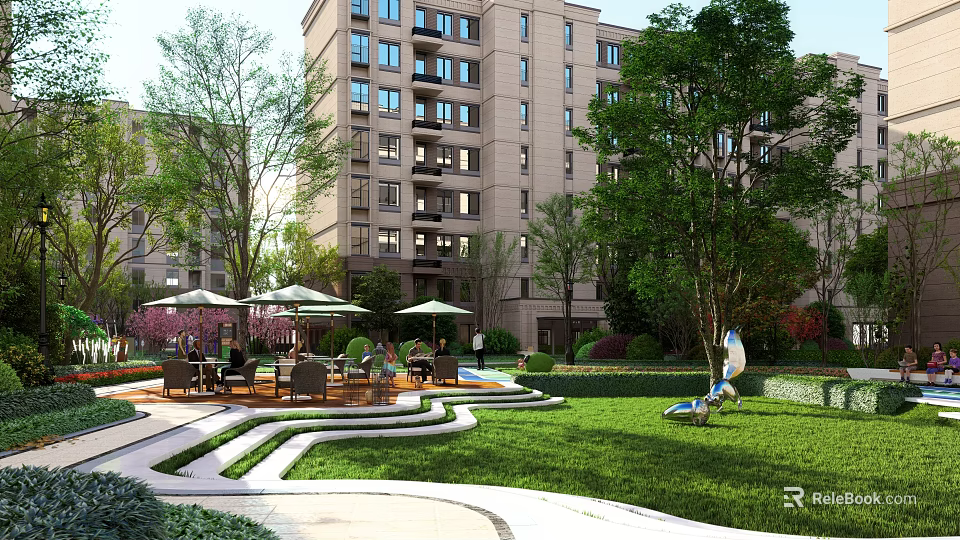 Modern Residential Landscape with High Rise Buildings Lush Trees Lawn and Leisure Seating Areas 3d model 