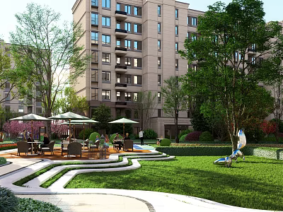 Modern Residential Landscape with High Rise Buildings Lush Trees Lawn and Leisure Seating Areas 3d model
