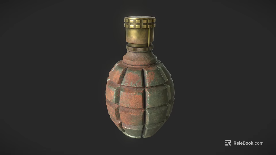 Hand Grenade with Surface Grid Texture Reddish Copper and Green Color and Metal Top Part 3d model 