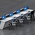 Modern Monitoring Room Setup With Multiple Control Desks And Blue Chairs