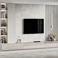 Modern Minimalist TV Wall Design With Stone Tile Backdrop Wooden Media Console And Decorative Ornaments