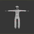 Man Wearing White Astronaut Spacesuit With Red Stripes Helmet And Chest Logo Standing Arms Outstretched