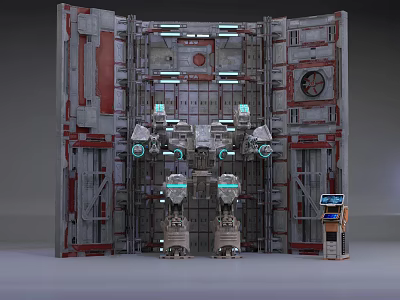 Smart Machines in Industrial Metallic Structure With Multiple Robots And Control Panels 3d model