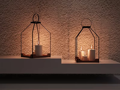 Cozy Decorative Ornament Set With Lantern Shaped Candle Holders On Shelves 3d model