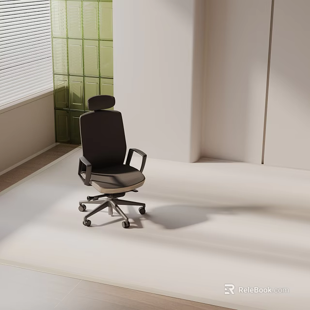 Modern Black Office Chair With Headrest Armrests And Wheels In Minimalist Room 3d model 