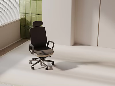 Modern Black Office Chair With Headrest Armrests And Wheels In Minimalist Room 3d model