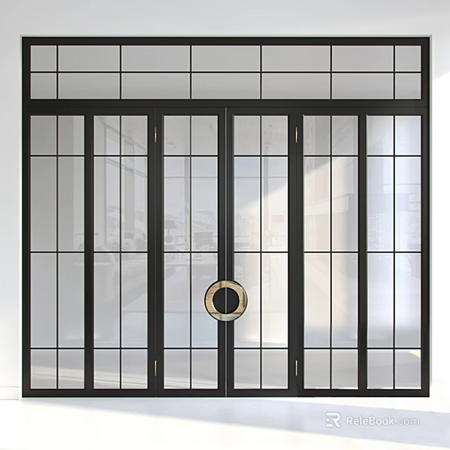 Modern Black Frame Sliding Doors with Glass Panels and Circular Handle 3d model