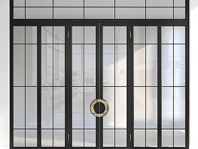 Modern Black Frame Sliding Doors with Glass Panels and Circular Handle 3d model