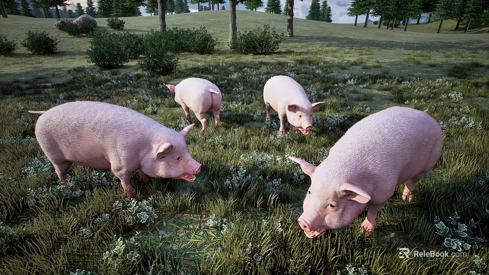 Four Pink Reptiles Foraging On Sunlit Green Grassland Habitat 3d model 