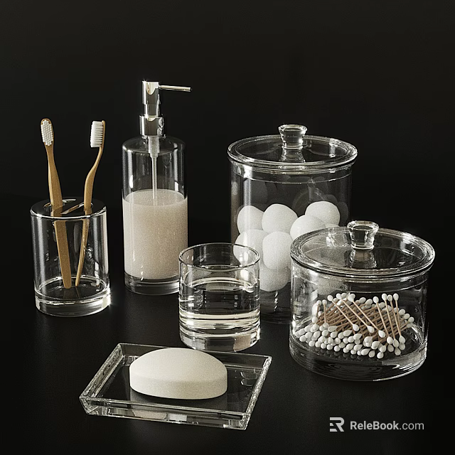 Clear Glass Bathroom Accessories With Toothbrushes Soap And Cotton Items 3d model 