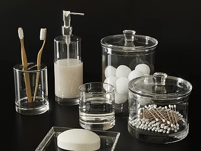 Clear Glass Bathroom Accessories With Toothbrushes Soap And Cotton Items 3d model