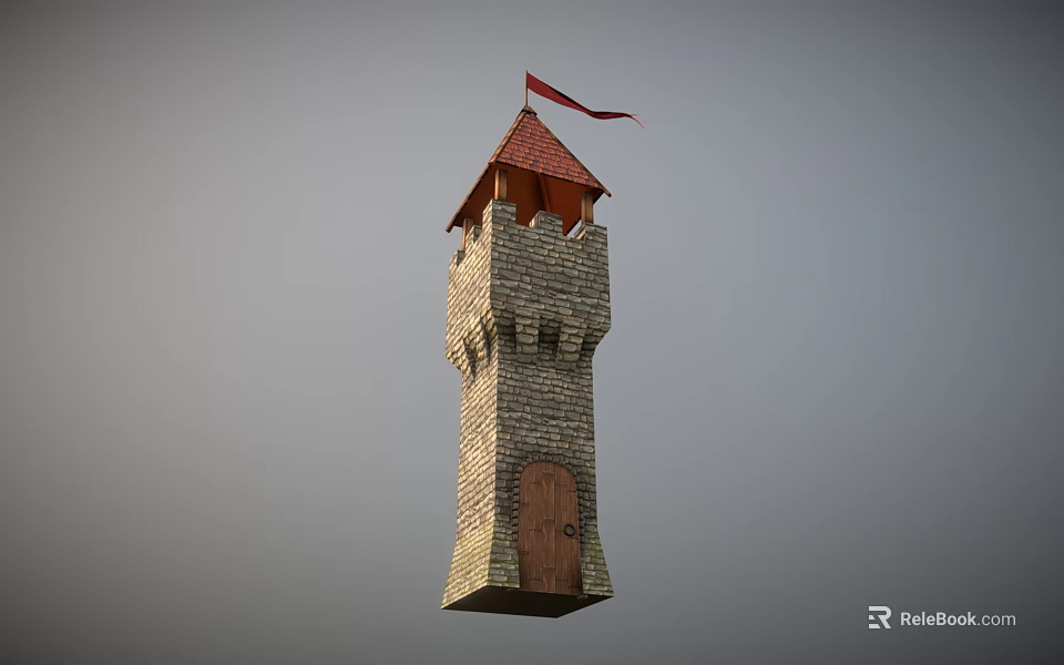 Medieval Brick Tower With Red Flag Castle Style Battlement And Wooden Door 3d model 