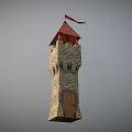 Medieval Brick Tower With Red Flag Castle Style Battlement And Wooden Door 3d model