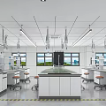Modern Laboratory Interior With White Lab Benches Hanging Lights Orange Stools And Equipment