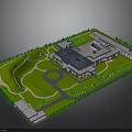 Aerial View Of Contemporary Building With Green Lawn Curved Driveway And Gardens