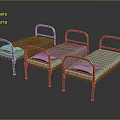 Three Modern Metal Frame Single Beds With Blue Green Frames And Red White Mattresses