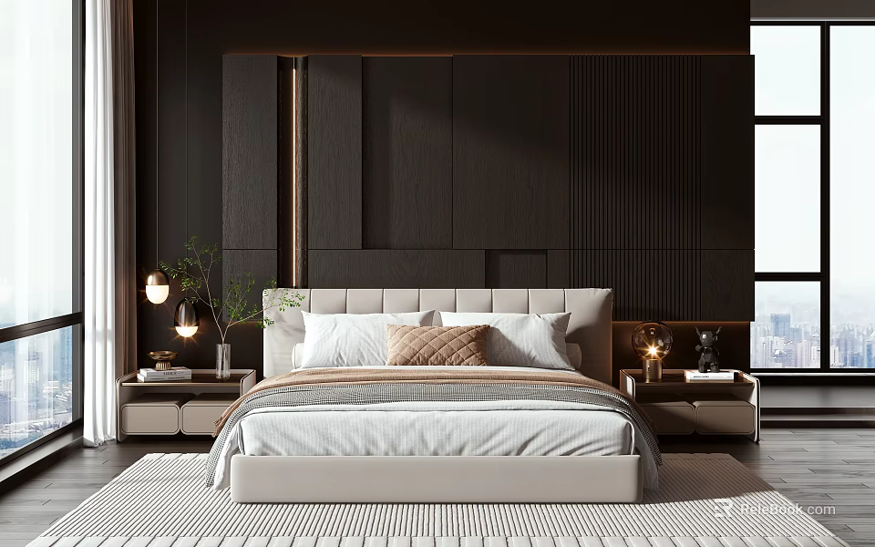 Modern Double Bed Interior Featuring Light Headboard Side Tables Lamps Dark Wall White Curtains And City View 3d model 