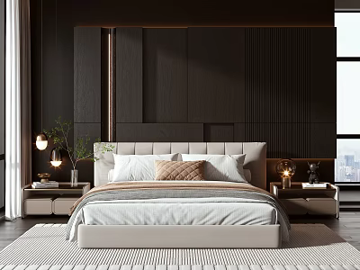Modern Double Bed Interior Featuring Light Headboard Side Tables Lamps Dark Wall White Curtains And City View 3d model