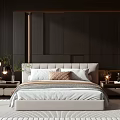 Modern Double Bed Interior Featuring Light Headboard Side Tables Lamps Dark Wall White Curtains And City View