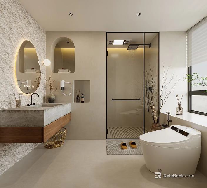 Modern Bathroom Interior Design With Glass Shower Arched Niches Wooden Vanity And Round Mirror 3d model 
