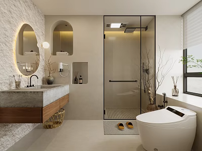 Modern Bathroom Interior Design With Glass Shower Arched Niches Wooden Vanity And Round Mirror 3d model
