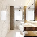 Modern Bathroom Interior With Marble Walls Double Sinks Large Mirror And Glass Shower