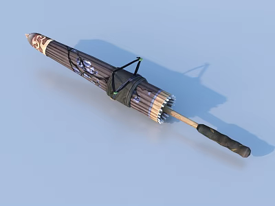 Vintage Traditional Umbrella With Bamboo Frame Decorative Patterns Black Straps And Wooden Handle 3d model
