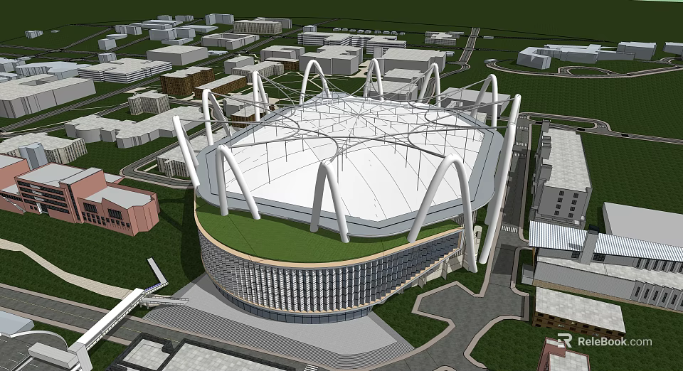 Modern Urban Stadium With White Roof Structure And Green Roof Surroundings 3d model 