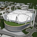 Modern Urban Stadium With White Roof Structure And Green Roof Surroundings