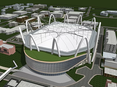 Modern Urban Stadium With White Roof Structure And Green Roof Surroundings 3d model