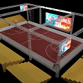 Basketball Arena With Wooden Court Floor Yellow Seating Bleachers Large Screen Display And Side Billboards
