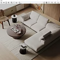 Modern Light Upholstered Sofa and Round Wooden Coffee Table Set with Side Tables and Wicker Chair