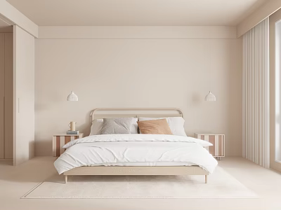 Minimalist Modern Bedroom Double Bed with White Bedding Wooden Nightstands Pendant Lights Curtains 3d model