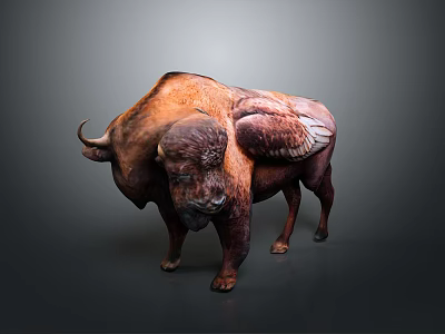 Brown Wild Bison With Large Curved Horns And Muscular Build Standing On Dark Ground 3d model