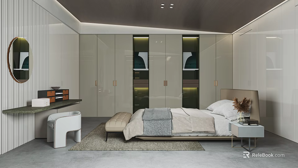 Modern Minimalist Bedroom Interior Design With Built In Cabinets Bed And Lighting 3d model 