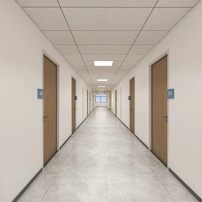 Well Lit Office Corridor With Wooden Doors Number Plates And Tile Flooring 3d model