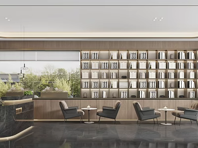 Elegant Modern Lounge Area With Wooden Bookshelves Comfortable Chairs And Coffee Tables 3d model