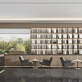 Elegant Modern Lounge Area With Wooden Bookshelves Comfortable Chairs And Coffee Tables