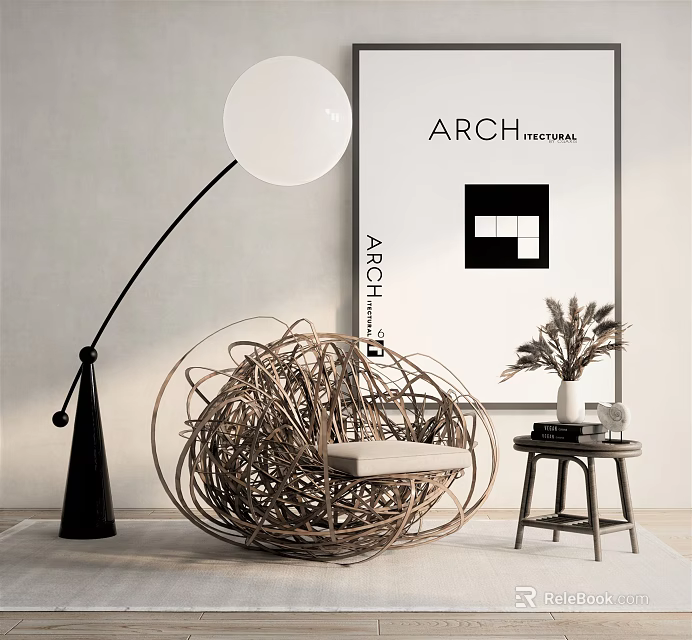 Woven Sphere Accent Chair With White Floor Lamp Side Table Dried Plants And Architectural Poster 3d model 