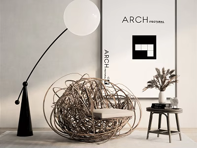 Woven Sphere Accent Chair With White Floor Lamp Side Table Dried Plants And Architectural Poster 3d model